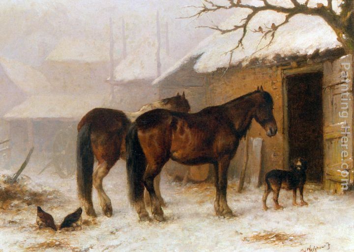 Wouterus Verschuur Jr Horses in a Snow Covered Farm Yard